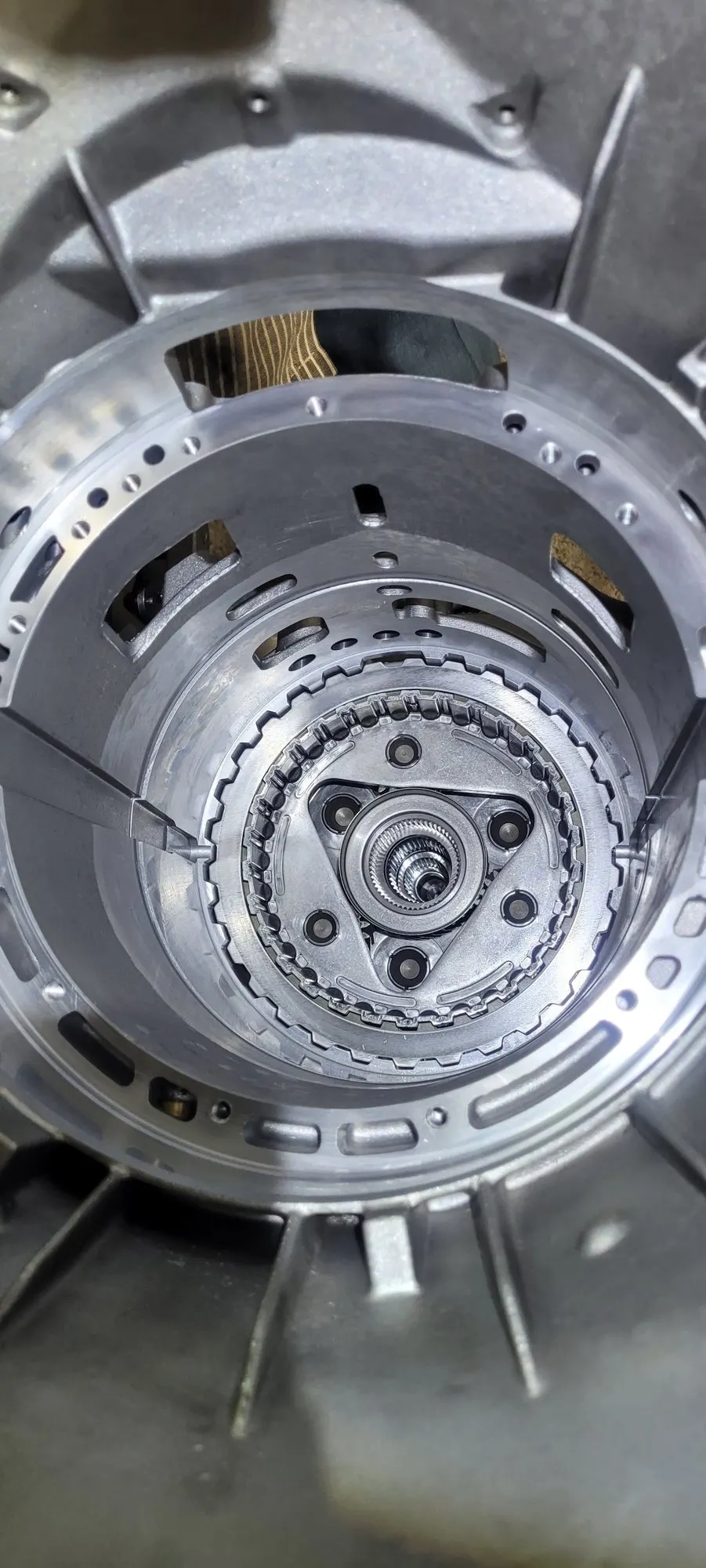 Reassembled clutch pack seated inside its drum